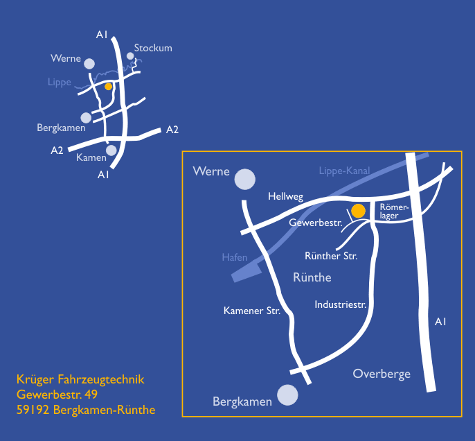 Anfahrtskizze der Krüger Fahrzeugtechnik in Bergkamen-Rünthe